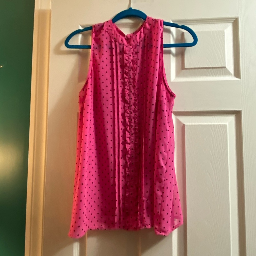 Hot pink high neck blouse with black polka dots